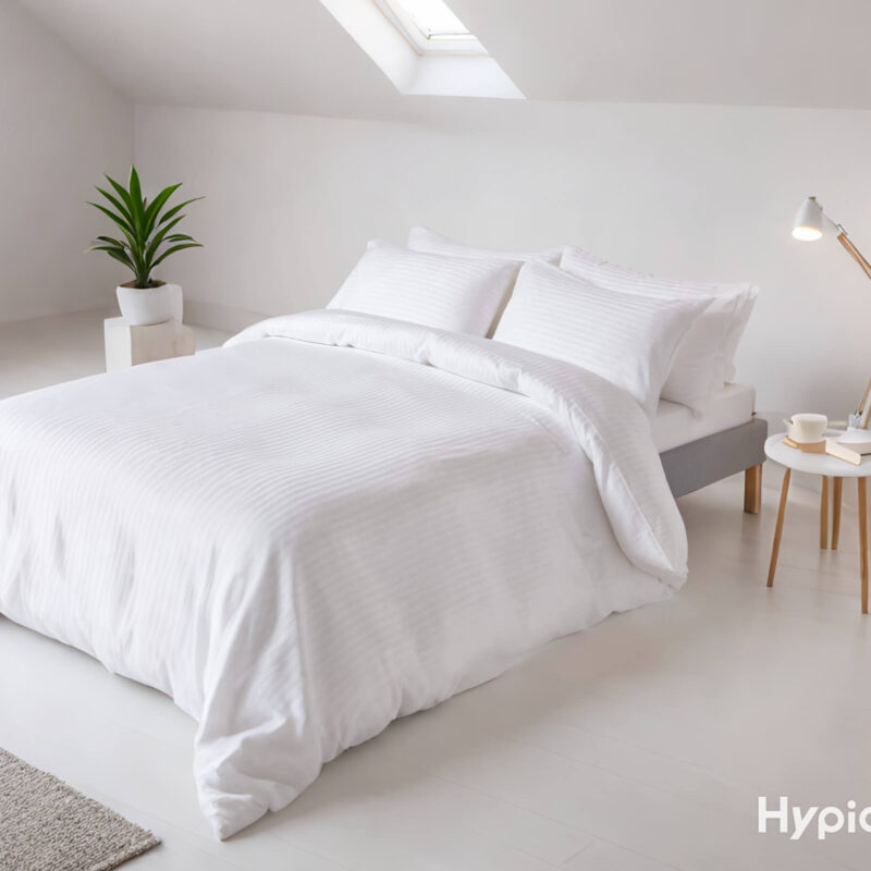 Housse de Couette Coton 100% satine 300 fils blanc raye