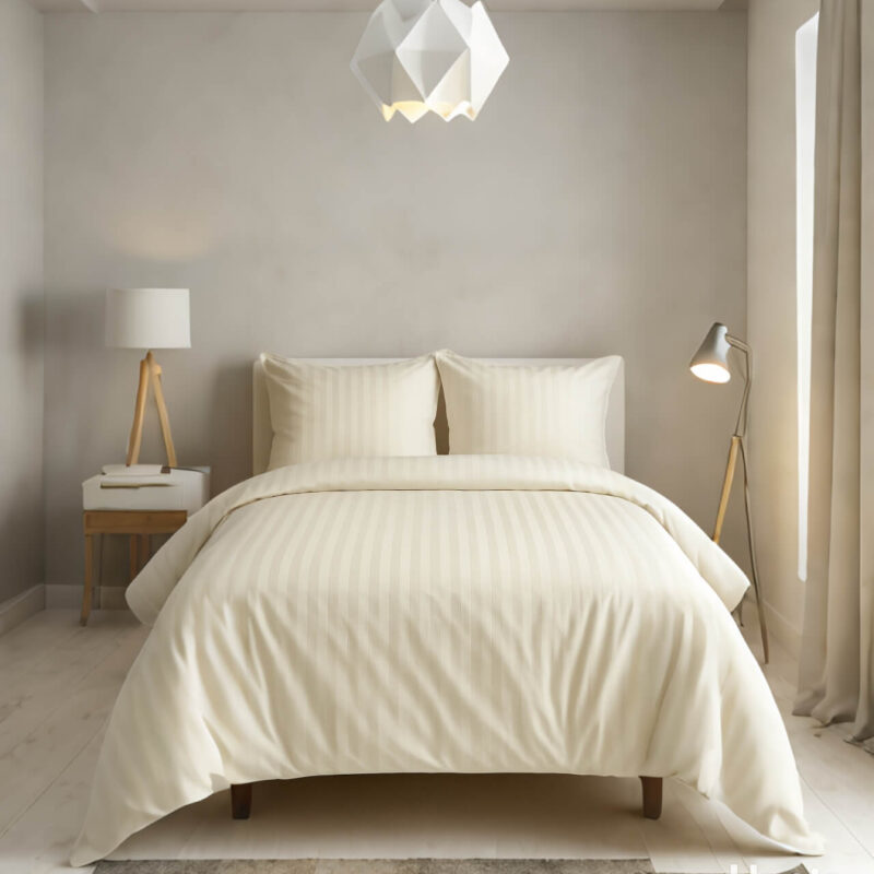 Parure de lit complet en satin de coton de 300 fils Blanc-casse Raye