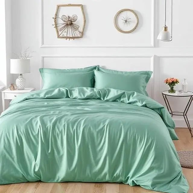 Parure de lit complet vert d’eau 100% Coton satine 300 fils