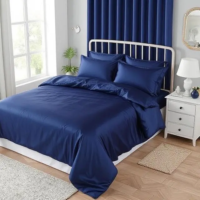 Parure de lit complet Bleu Marine 100% Coton satine 300 fils