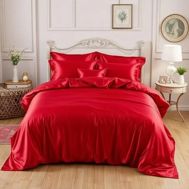 Parure de lit en satin de coton 300 fils rouge